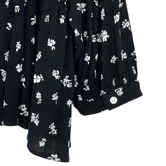 SO Floral Babydoll Blouse Womens XL Black White Excellent Peplum Rayon Tie Neck - Picture 8 of 13